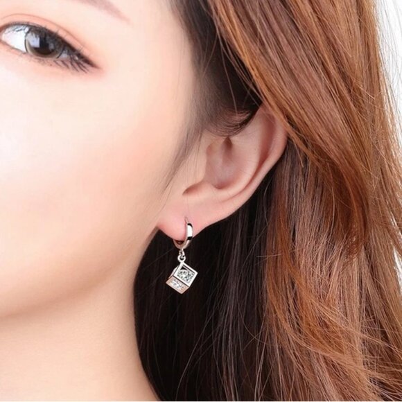 925 Sterling Silver Crystal Hollow Square Box Drop Earrings - Picture 4 of 7